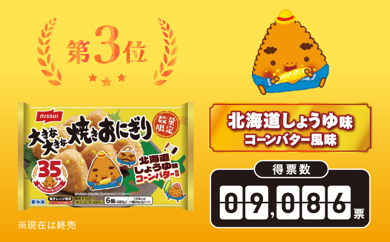 第3位 北海道しょうゆ味コーンバター風味 得票数：9,086票 ※現在は終売